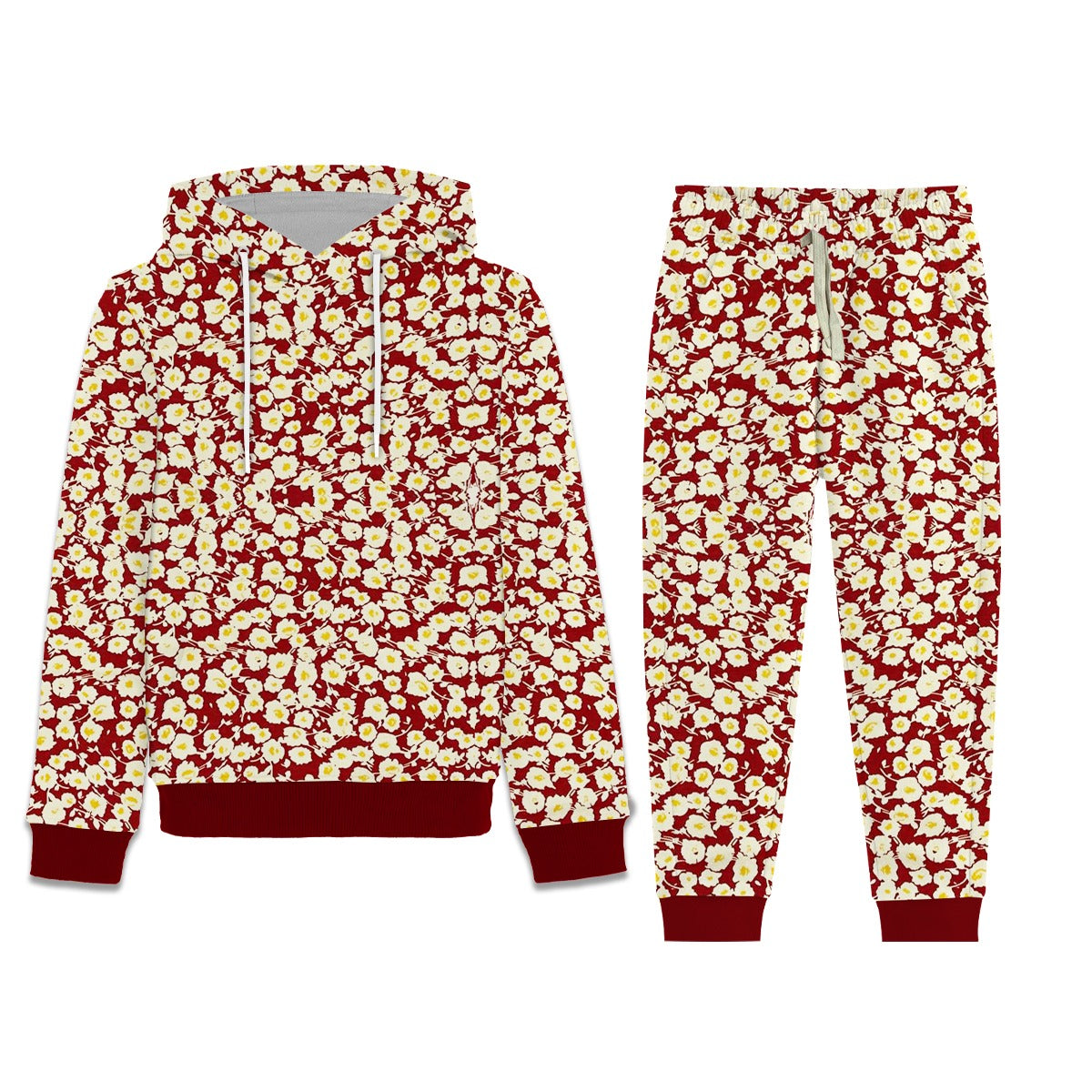 Girl's Allover Floral Printed Fleece Hoodie Twin Set - Red