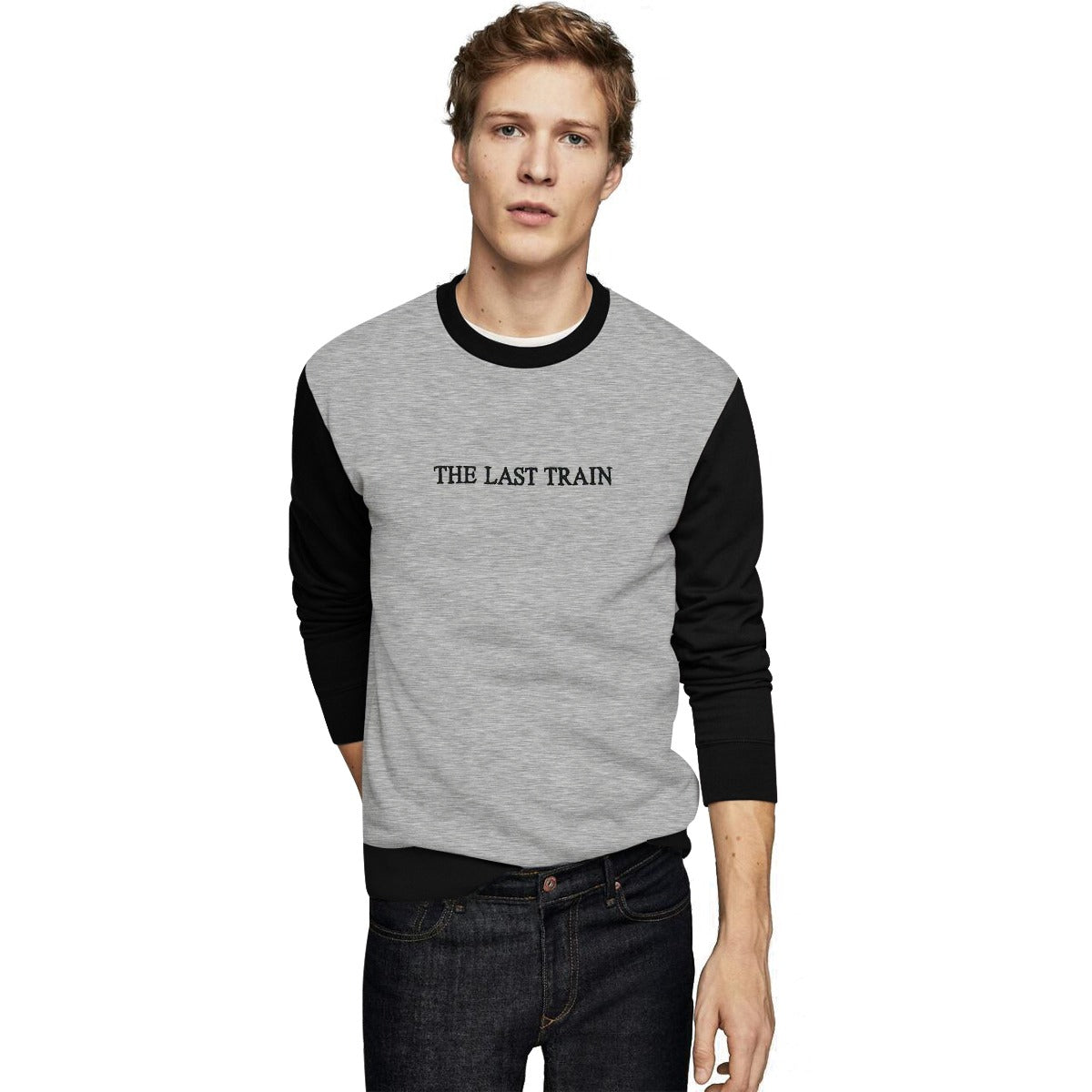 Contrast Sleeves "The Last Train" Emb, Sweat Shirt - Gray Black