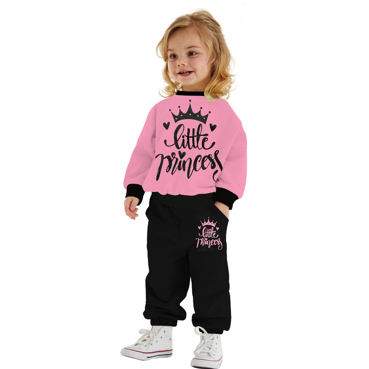 Girls "Little Princess" Printed Twin Set - Pink & Black
