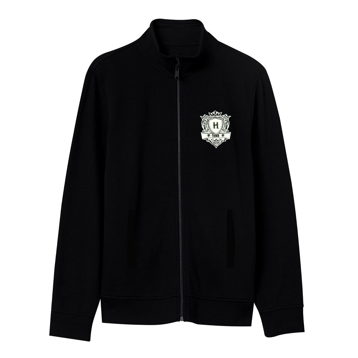 Mock Neck Fleece Zipper Jacket With Badge - Black