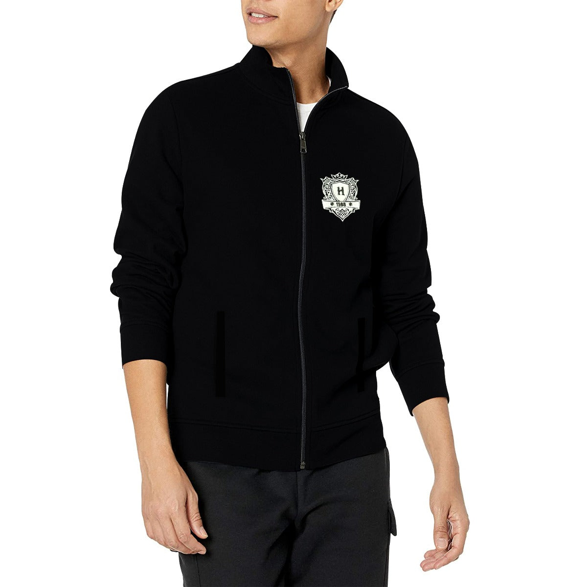 Mock Neck Fleece Zipper Jacket With Badge - Black