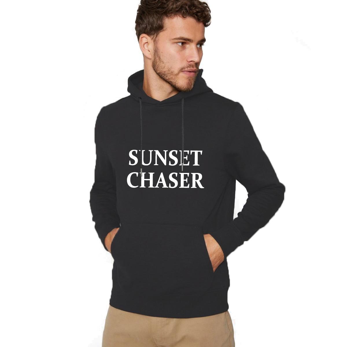 Exclusive "Sunset Chaser" Printed Pull Over Fleece Hoodie - Gray Black