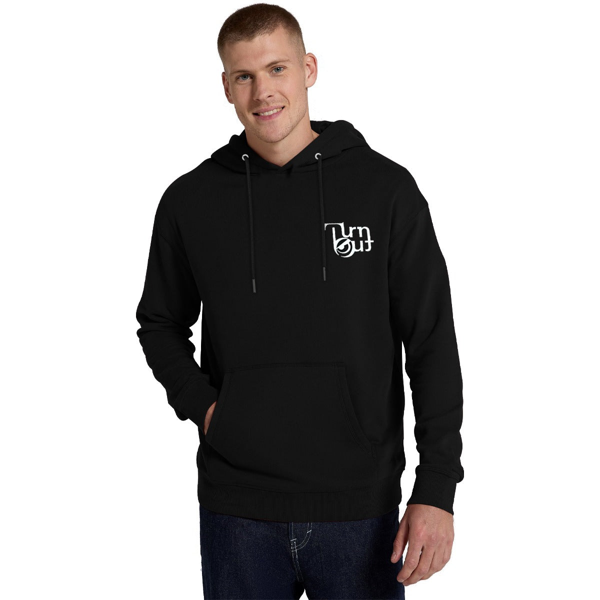 T/O Graphic Printed Drop Shoulder Fleece Hoodie - Black