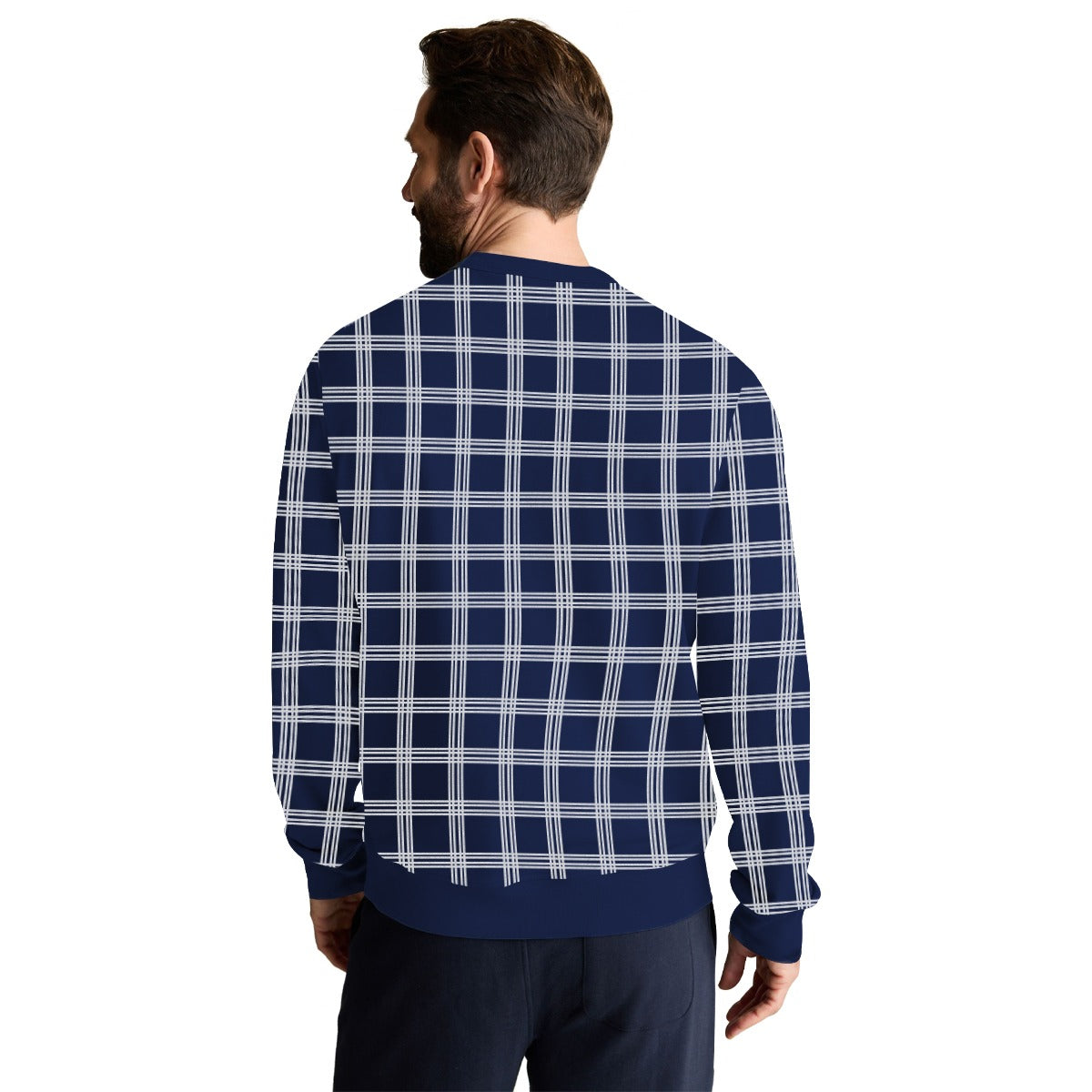 Men Exclusive Check Pattern Fleece Sweat Shirt - Navy