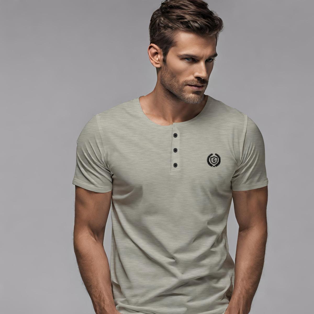 HG Signature Embroidered Henley Tee - Textured Gray