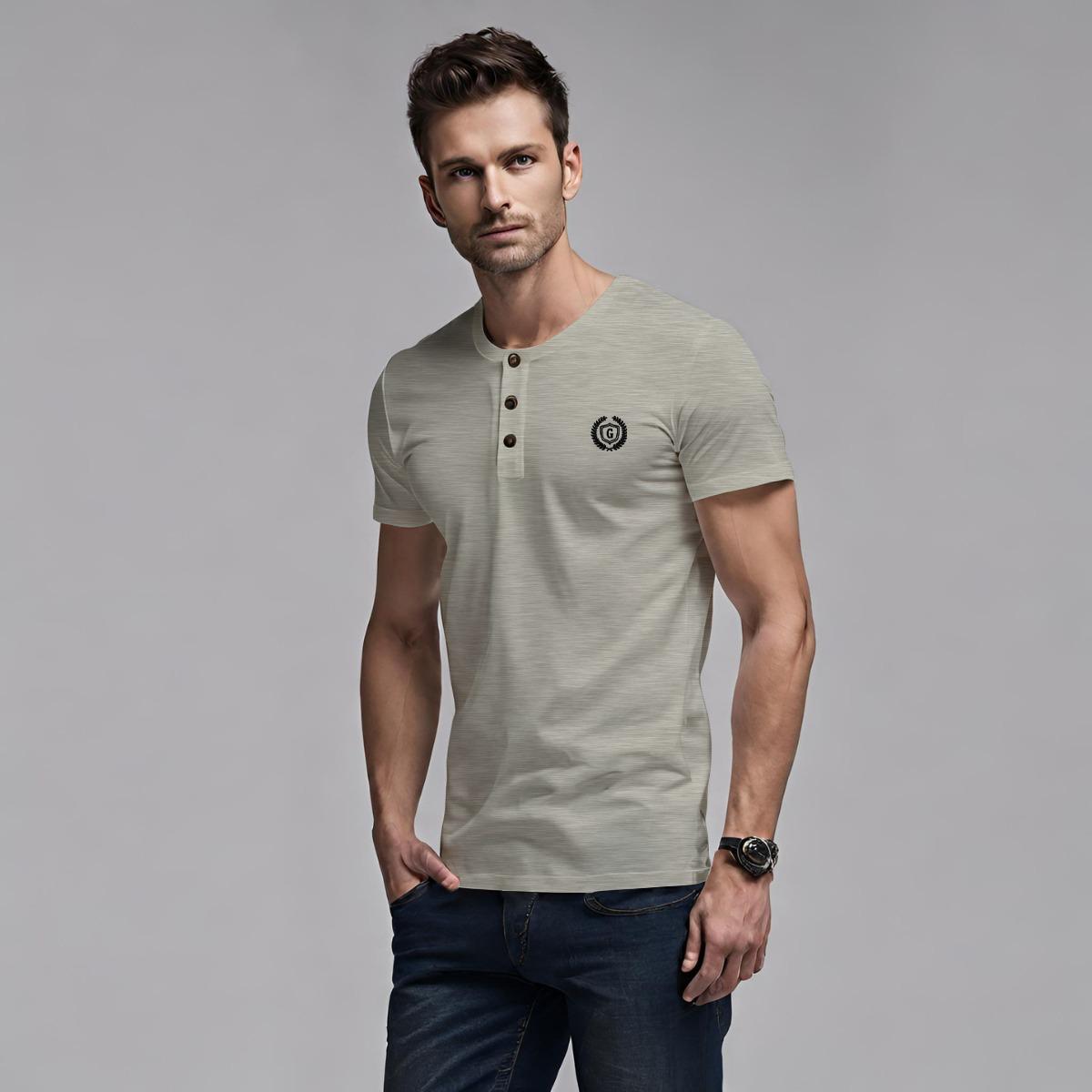 HG Signature Embroidered Henley Tee - Textured Gray