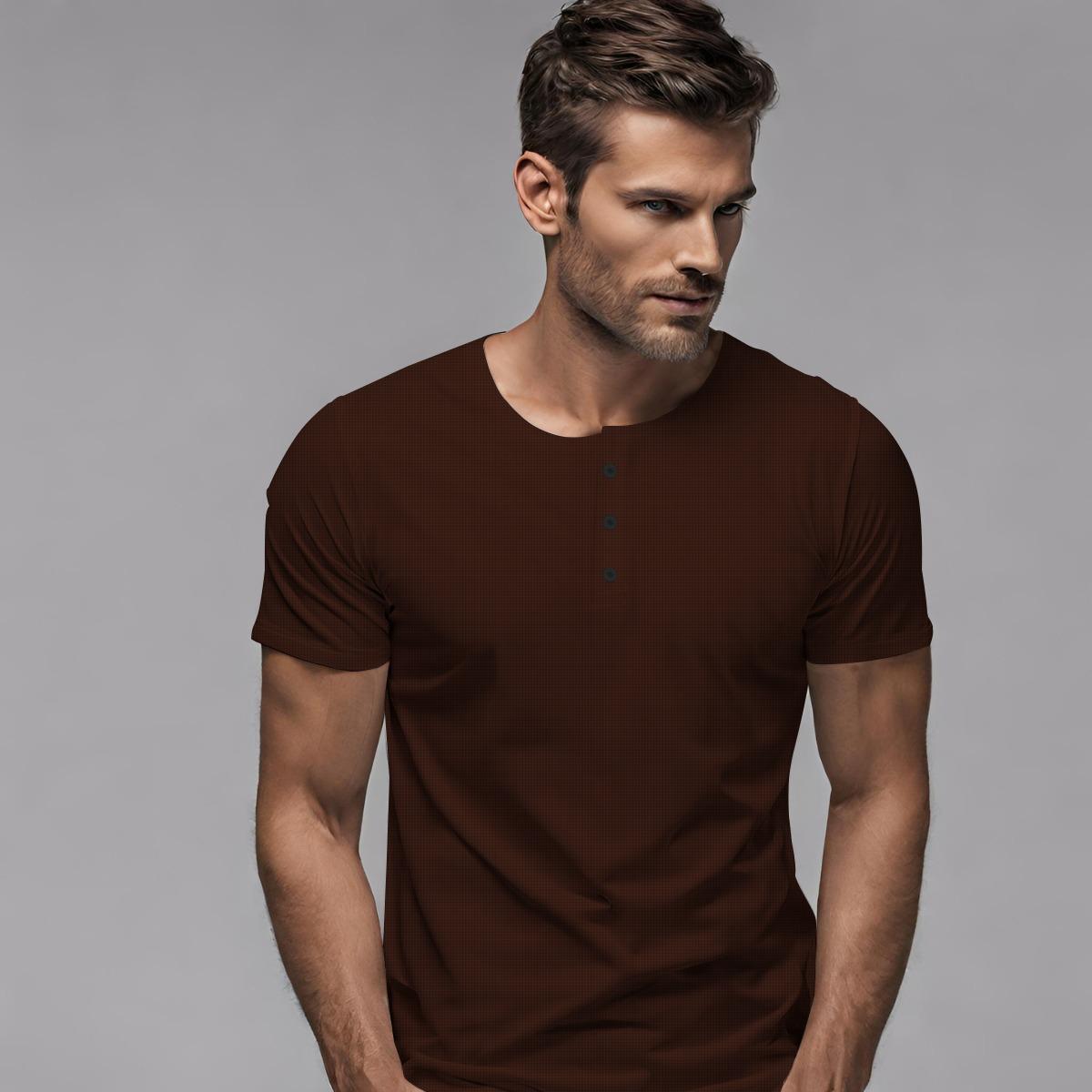 Exclusive Thermal Cotton Henley Tee Shirt - Brown