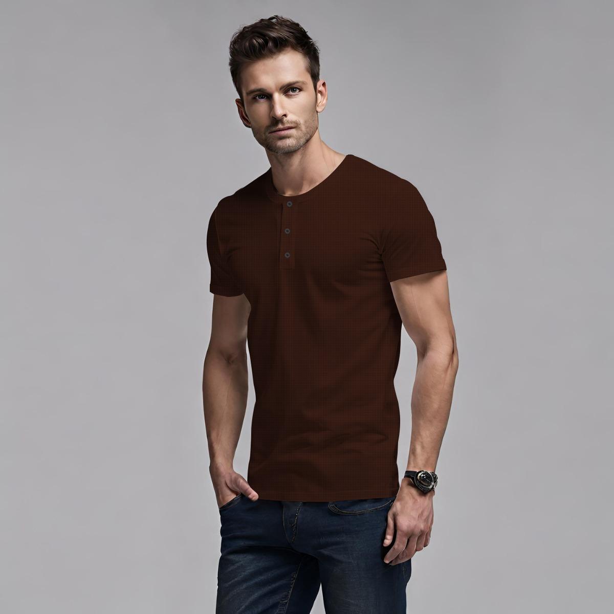 Exclusive Thermal Cotton Henley Tee Shirt - Brown