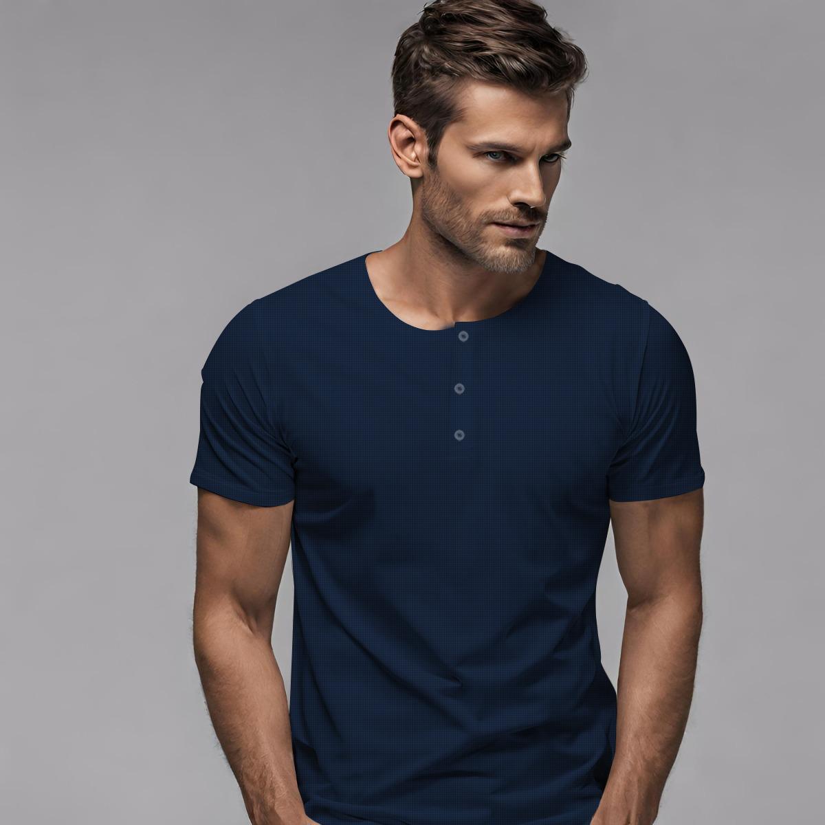 Exclusive Thermal Cotton Henley Tee Shirt - Navy