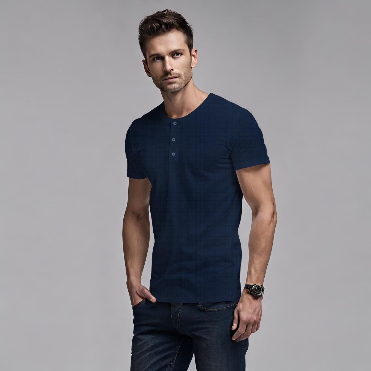 Exclusive Thermal Cotton Henley Tee Shirt - Navy