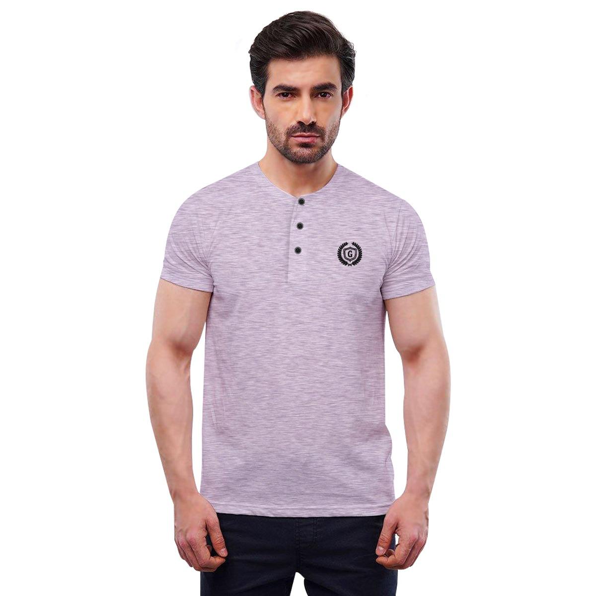 Textured Signature Embroidered Henley Tee Shirt - Light Purple