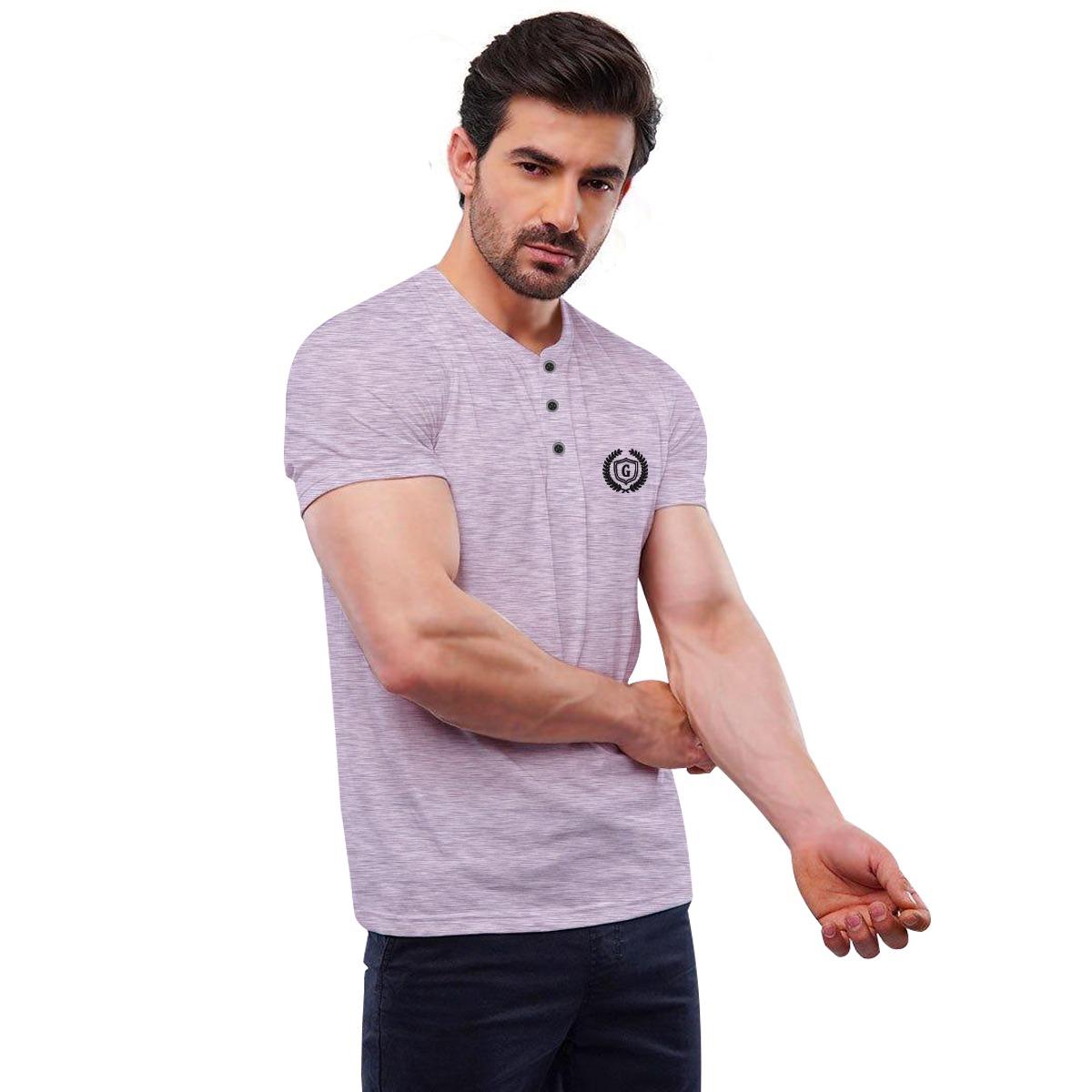 Textured Signature Embroidered Henley Tee Shirt - Light Purple