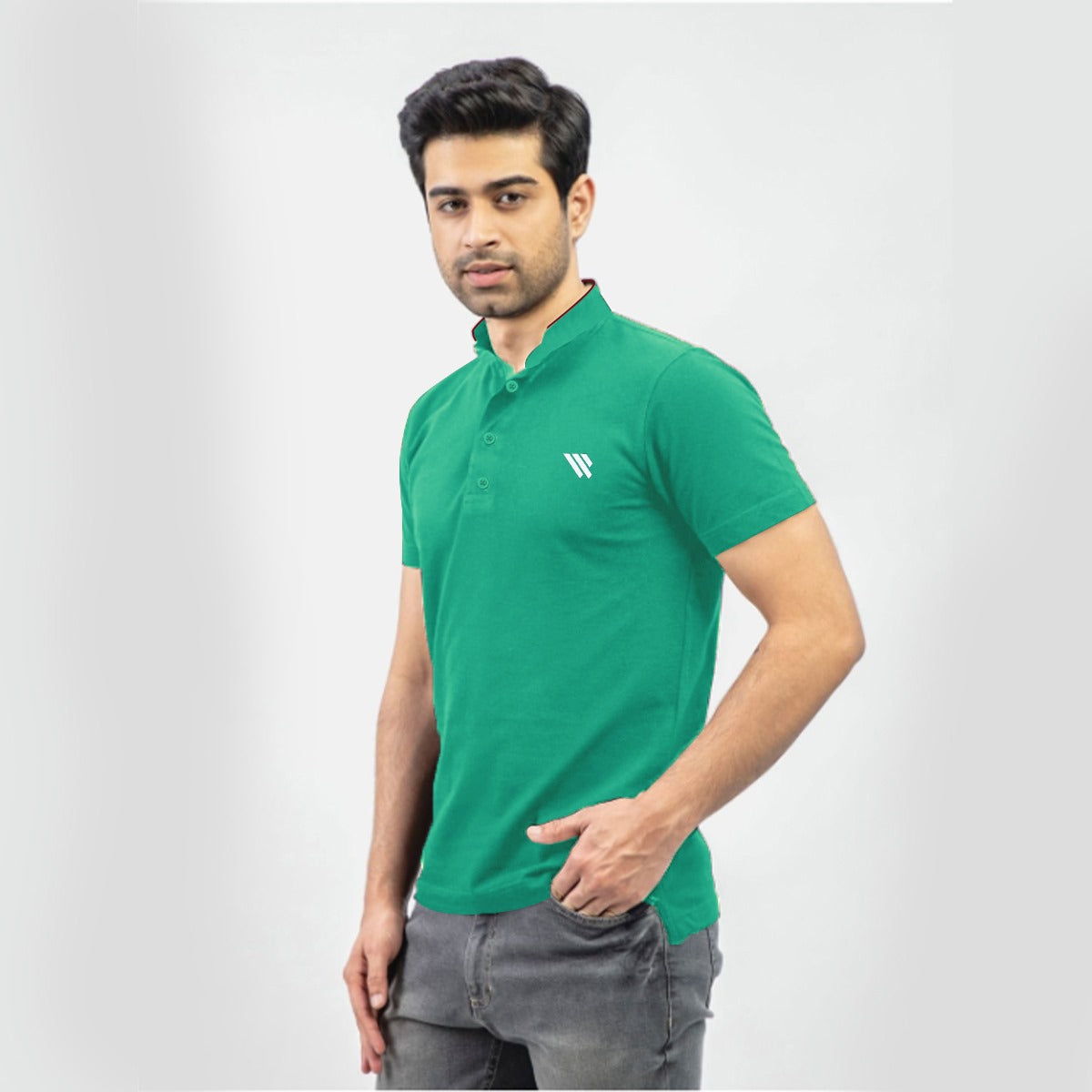 West Line Ban Collar Men Polo Shirt - Green