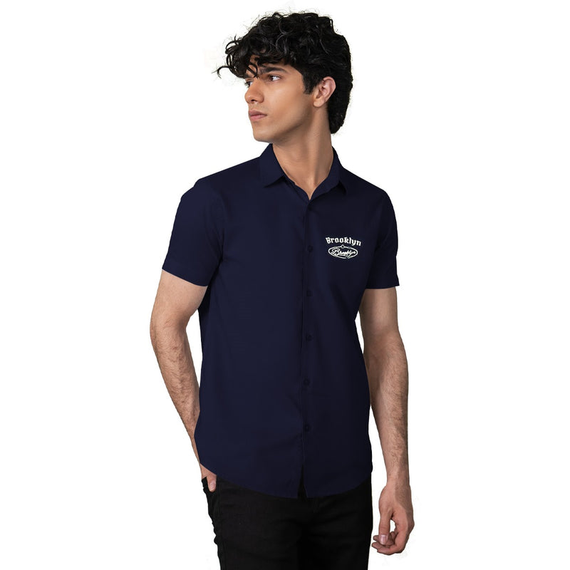 Classy "Brooklyn" Embroidered Soft Cotton Casual Shirt - Navy