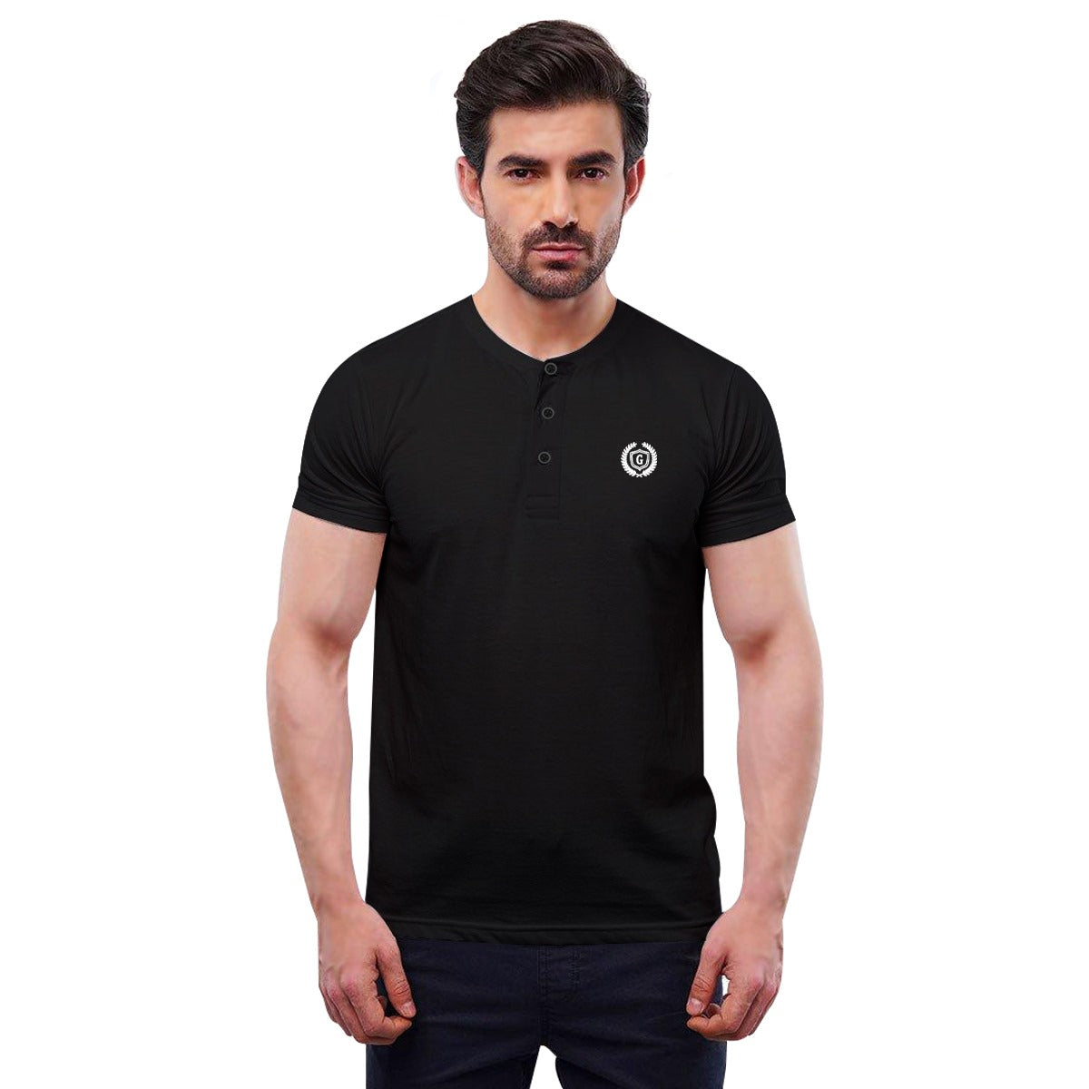 Signature Embroidered Henley Shirt - Black