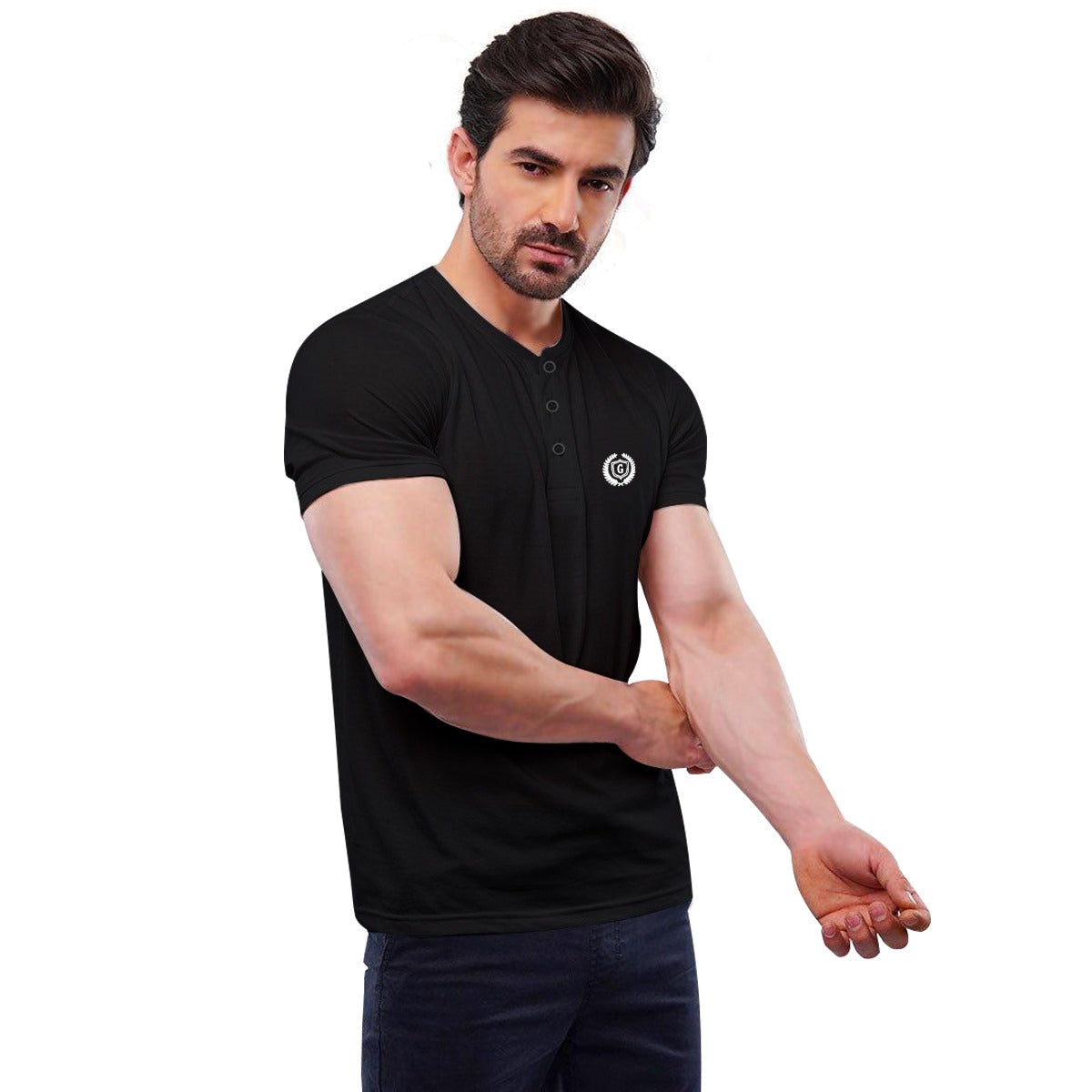 Signature Embroidered Henley Shirt - Black