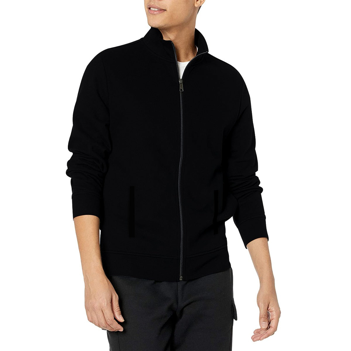 Hangree Solid Fleece Mock Neck Zipper Jacket - Black
