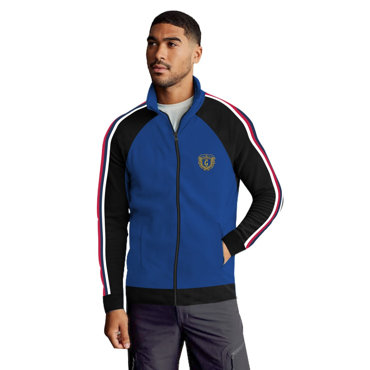 Mock Neck Signature Printed Fashion Zipper Jacket - Royal & Black