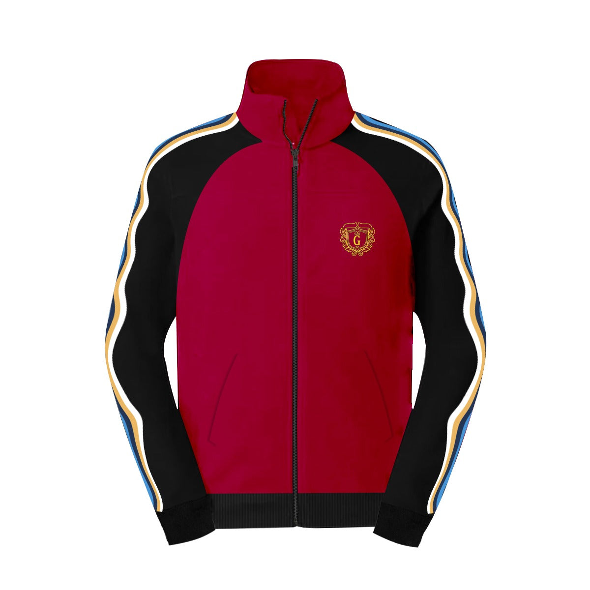 Mock Neck Signature Printed Fashion Zipper Jacket - Maroon & Black