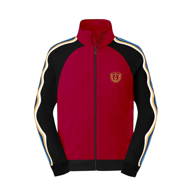 Mock Neck Signature Printed Fashion Zipper Jacket - Maroon & Black