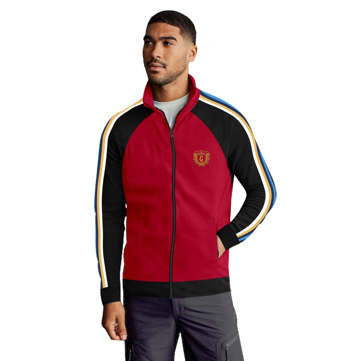 Mock Neck Signature Printed Fashion Zipper Jacket - Maroon & Black