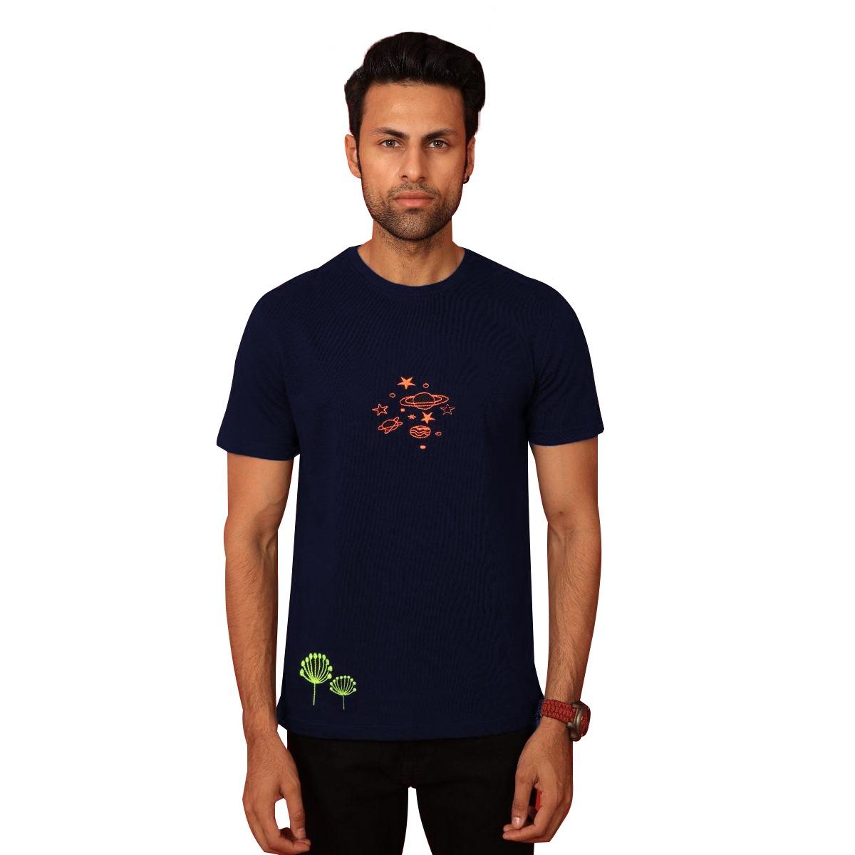 Galaxy Embroidered Men Tee Shirt - Navy