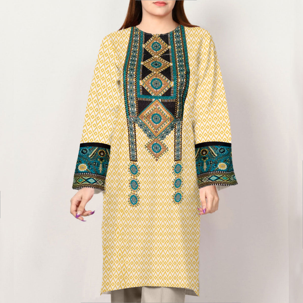 Women Long Style Embroidered Lawn Kurti