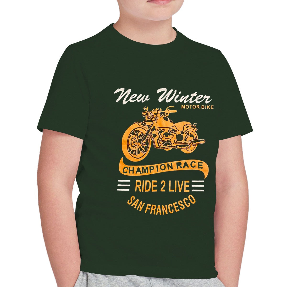 BOY'S MOTOR BIKE PRINTED BOTTEL GREEN TEE SHIRT