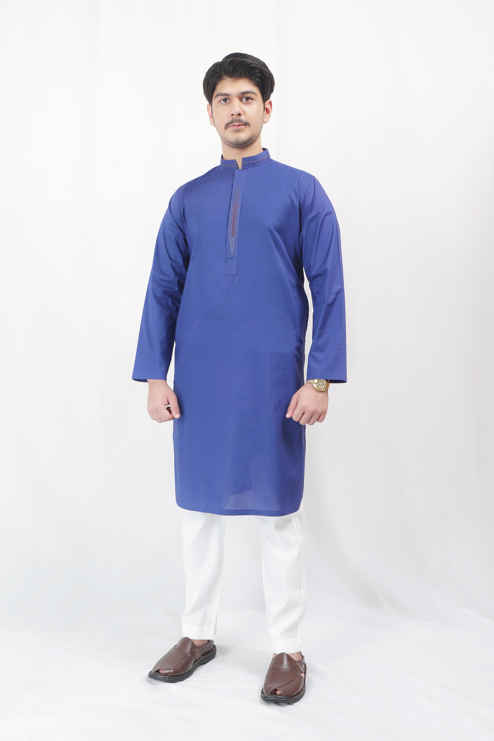 Cotton Karhai Shalwar Kameez - Royal/White