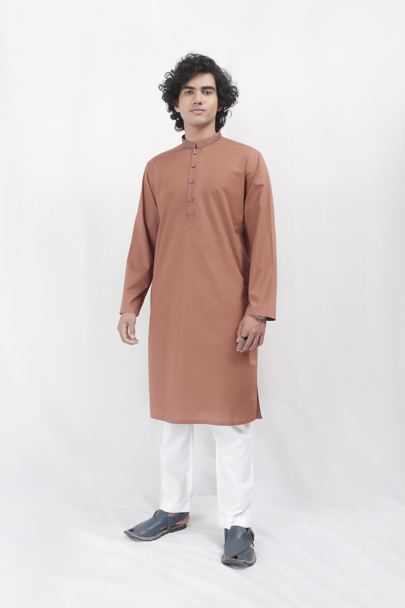 Cotton Karhai Shalwar Kameez - Brown/White