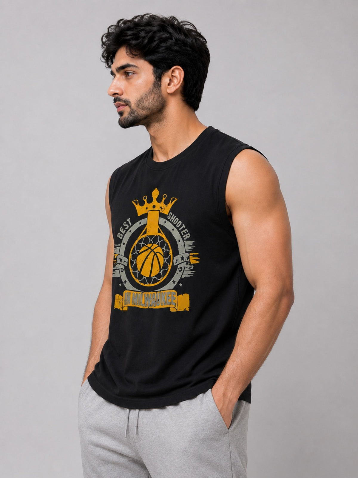 Graphic Printed Sleeveless Tee Shirt - Black