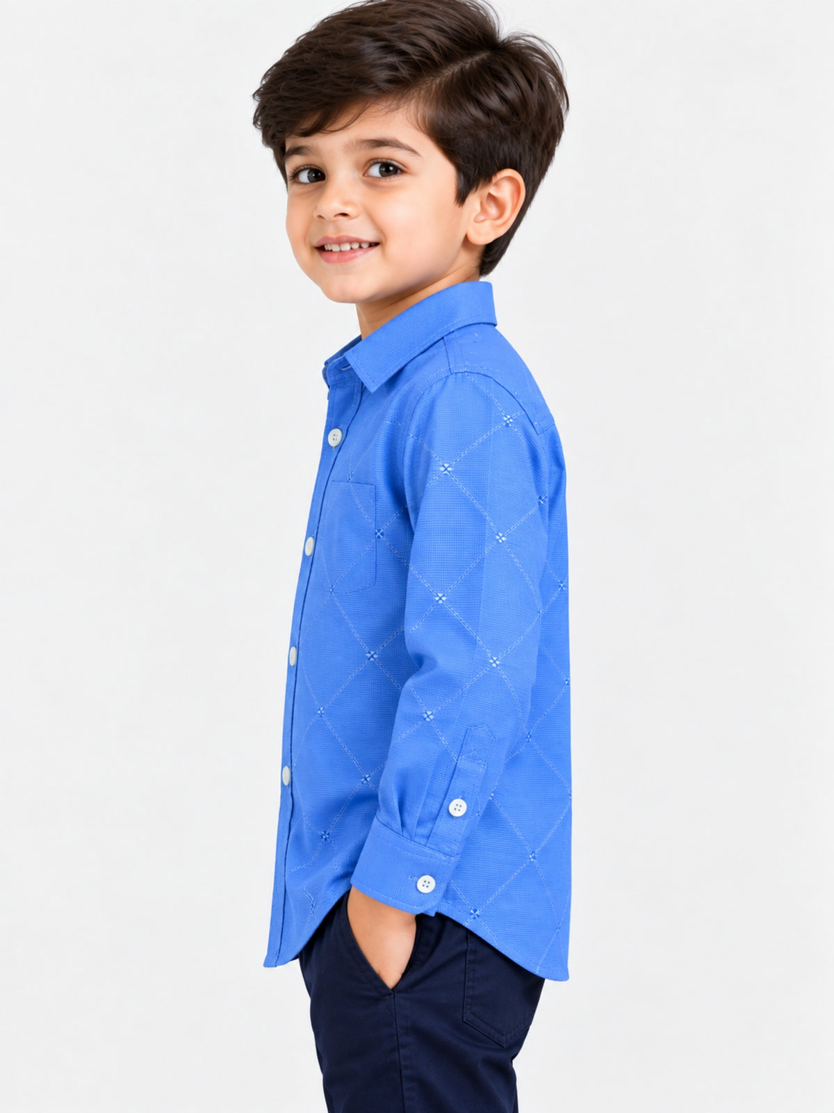 Boy's Blue Diamond Pattern Full Sleeves Casual Shirt