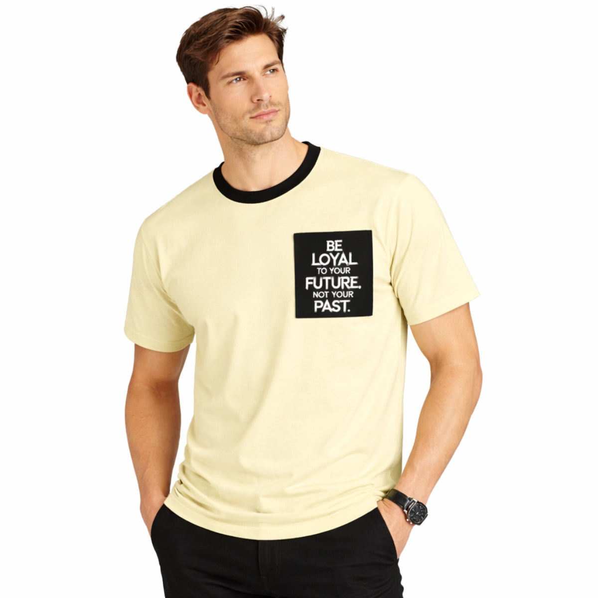 Men's Round Neck Contrast Printed Pocket Tee Shirt - Soft Yellow