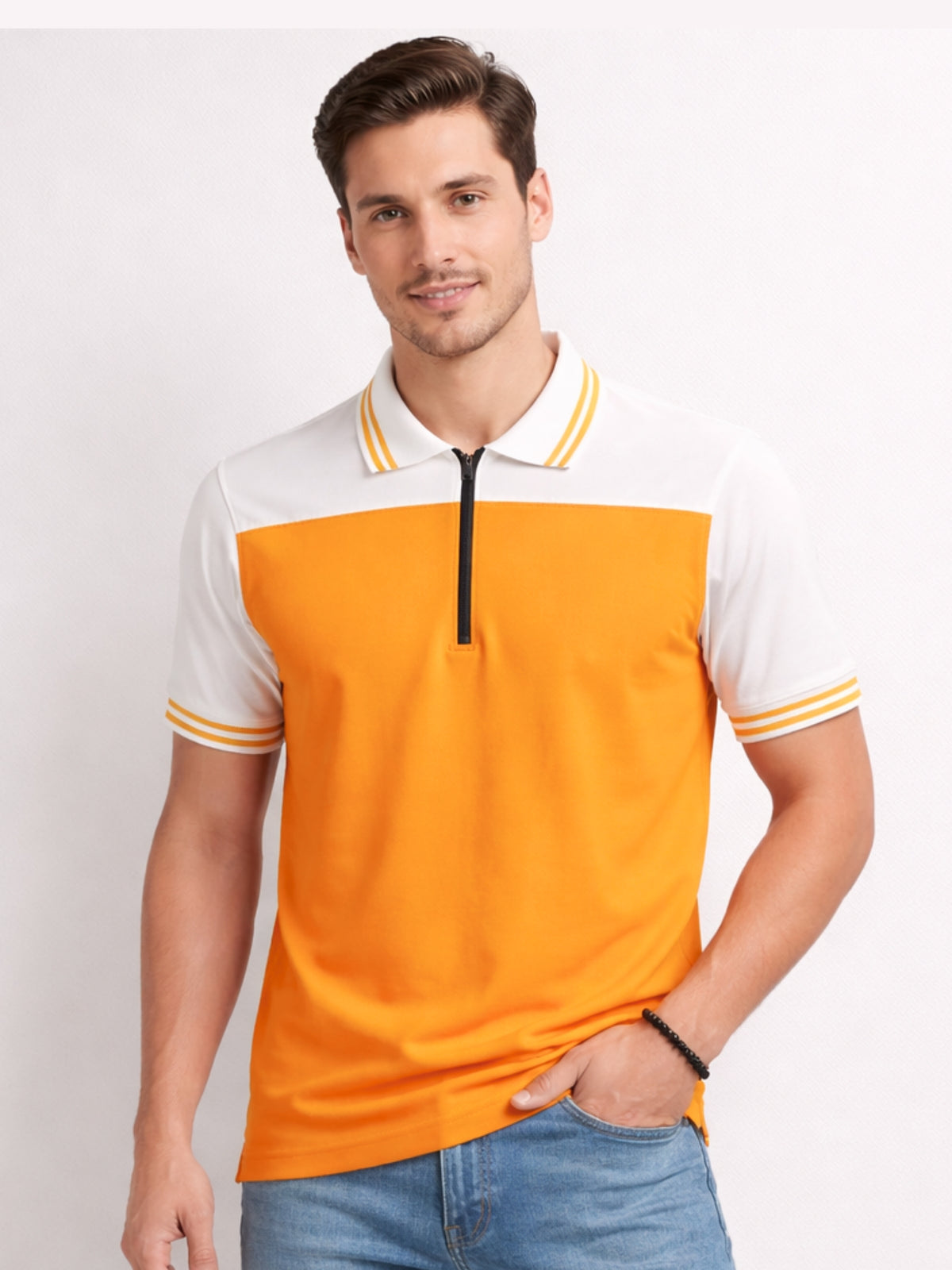 Men’s Modern Luxe Panel Half Zip Polo Shirt - Orange & White