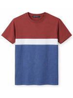 Men's Cut & Sew panel Tee Shirt - Red, White & Dusky Blue