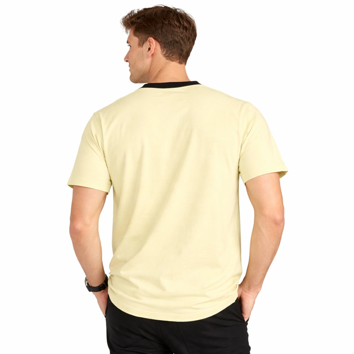 Men's Round Neck Contrast Printed Pocket Tee Shirt - Soft Yellow