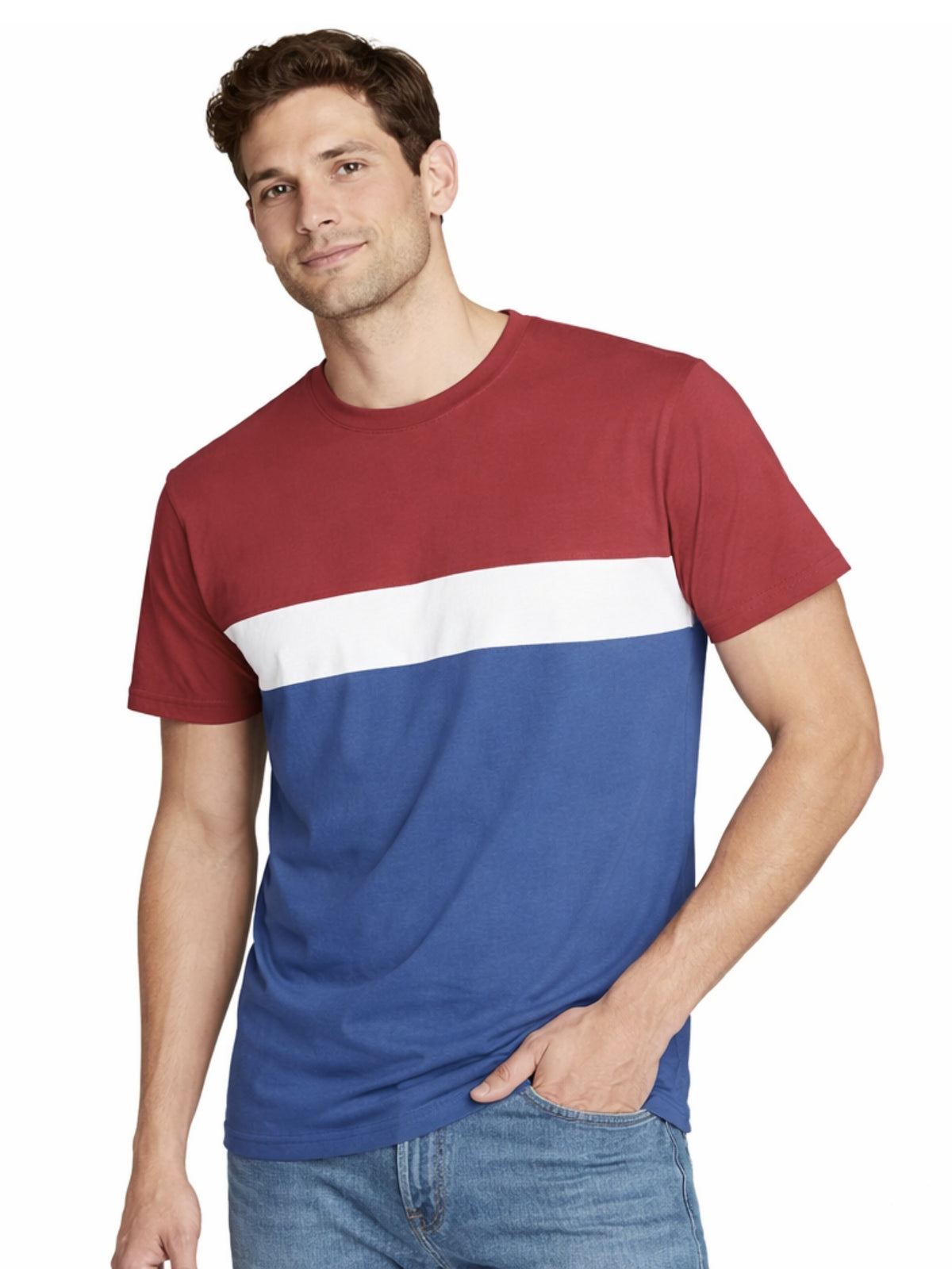Men's Cut & Sew panel Tee Shirt - Red, White & Dusky Blue