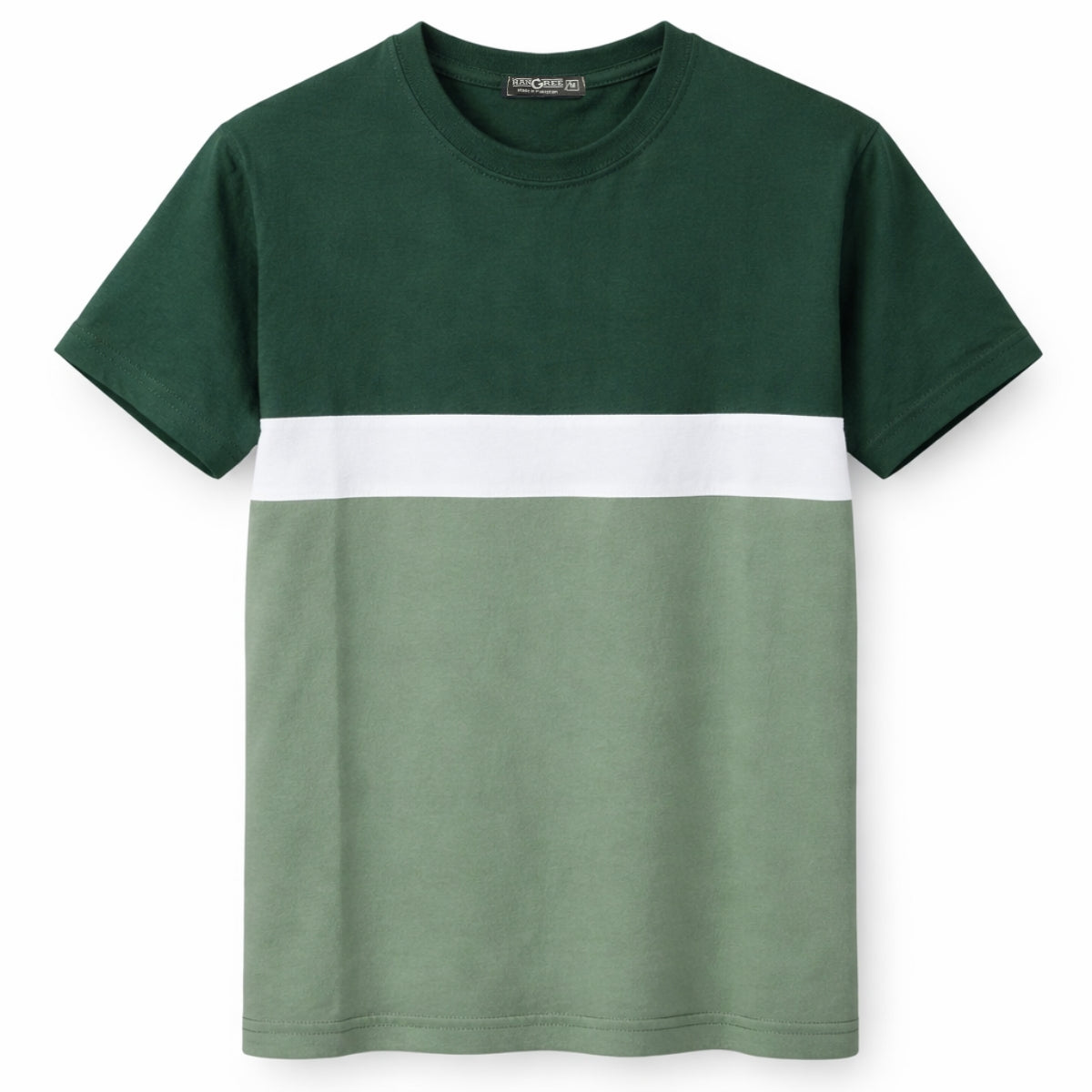 Men's Cut & Sew panel Tee Shirt - Dark Green, White & Green