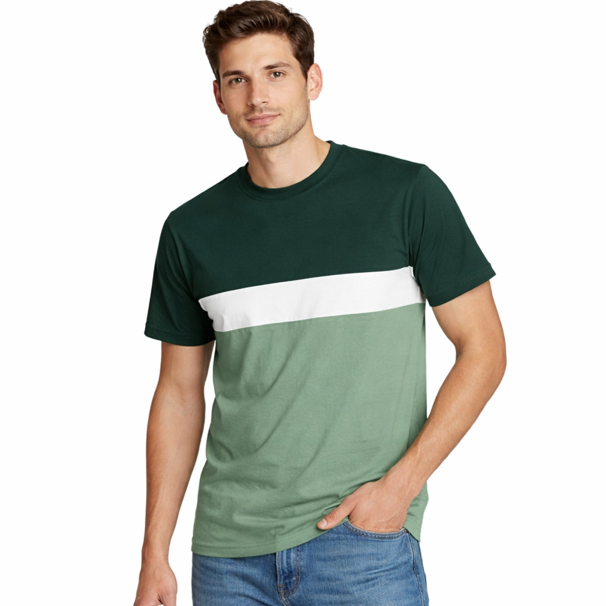 Men's Cut & Sew panel Tee Shirt - Dark Green, White & Green