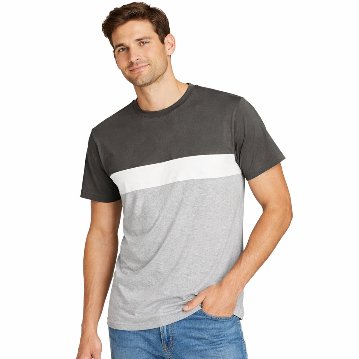 Men's Cut & Sew panel Tee Shirt - Dark Grey, White & Gray