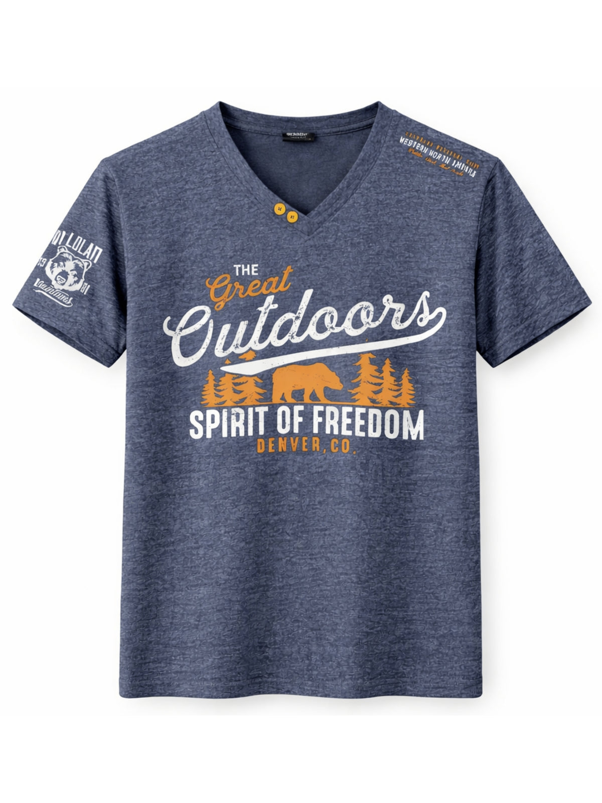 Men's Graphic Printed V Neck Tee Shirt - Charcoal Blue