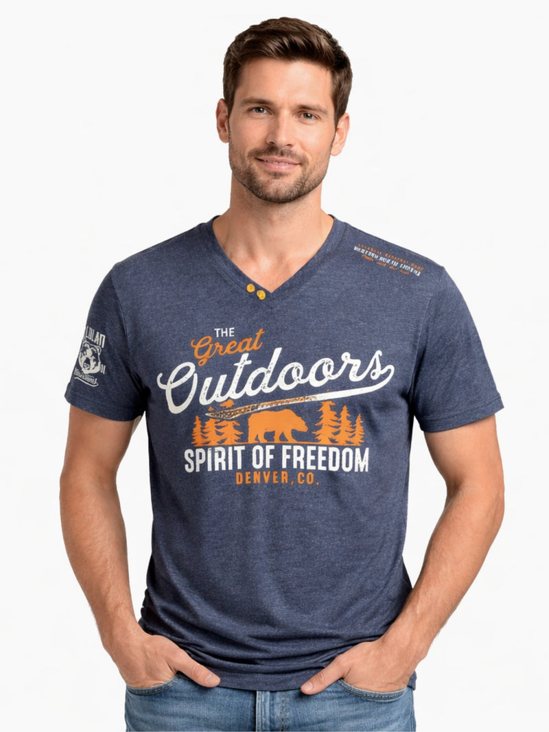 Men's Graphic Printed V Neck Tee Shirt - Charcoal Blue