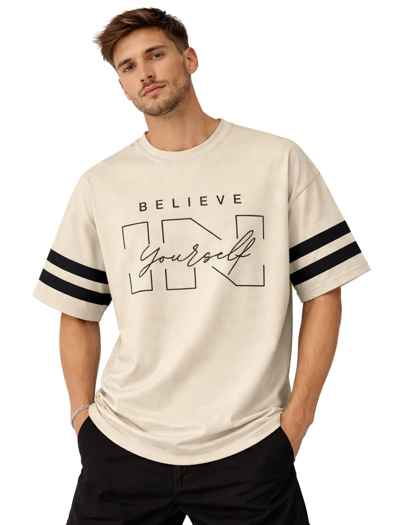 Unisex Oversized Graphic Printed Drop Shoulder T-Shirt - Beige