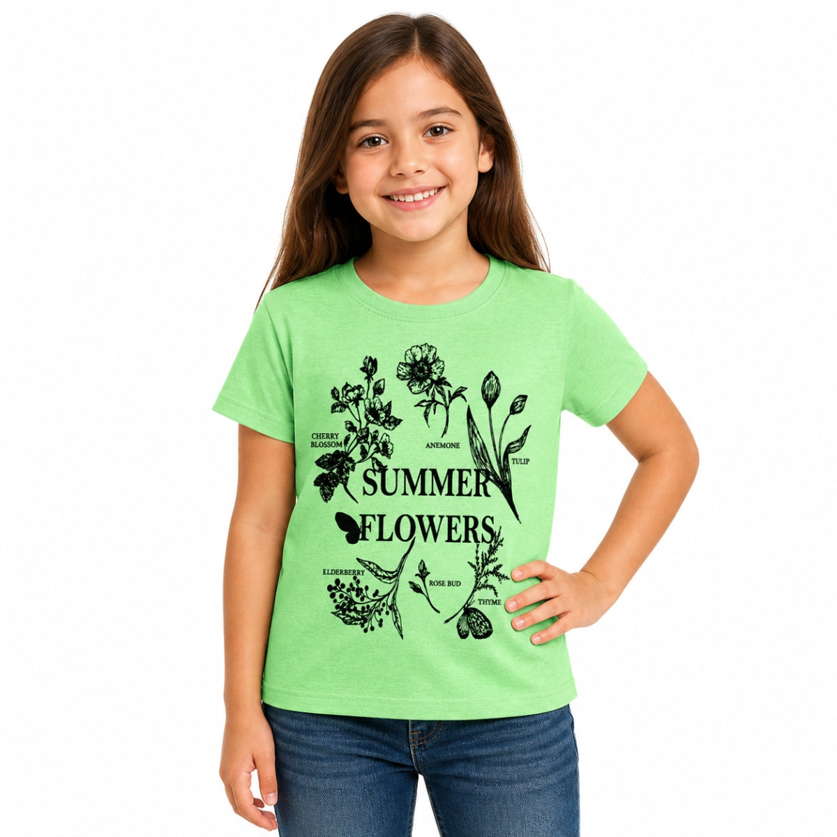 Girls’ Summer Flowers Graphic Printed T-Shirt – Light Green