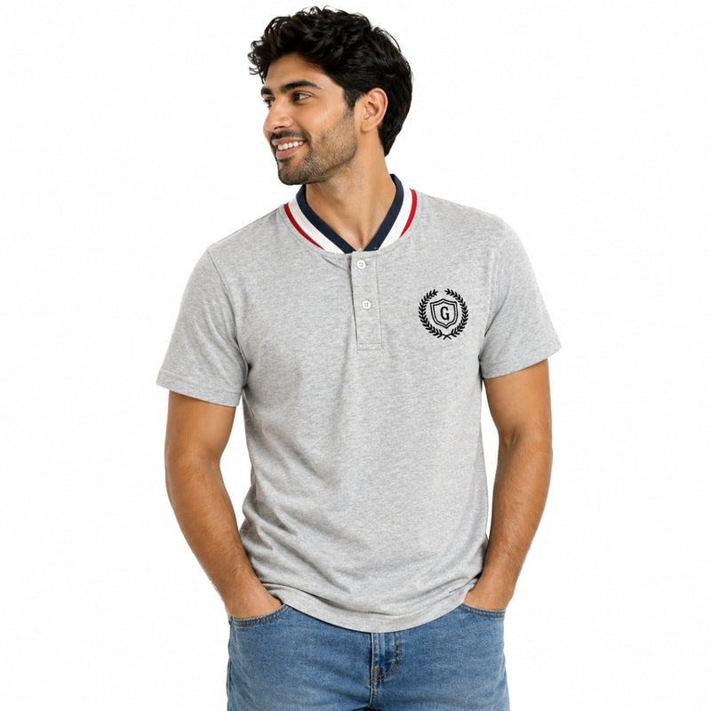 Men’s Signature Embroidered Contrast Neck Henley T-Shirt – Hyder Gray