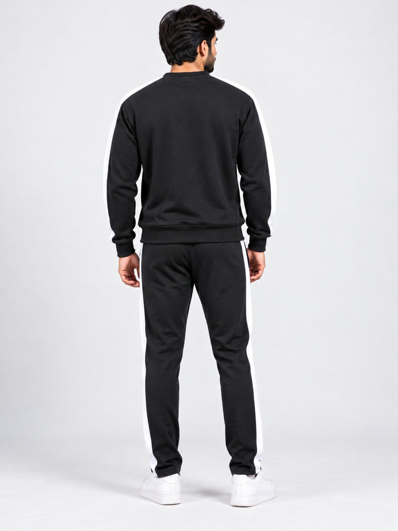 Men's Contrast Stripe Polyester Co-Ord Set – Black & White