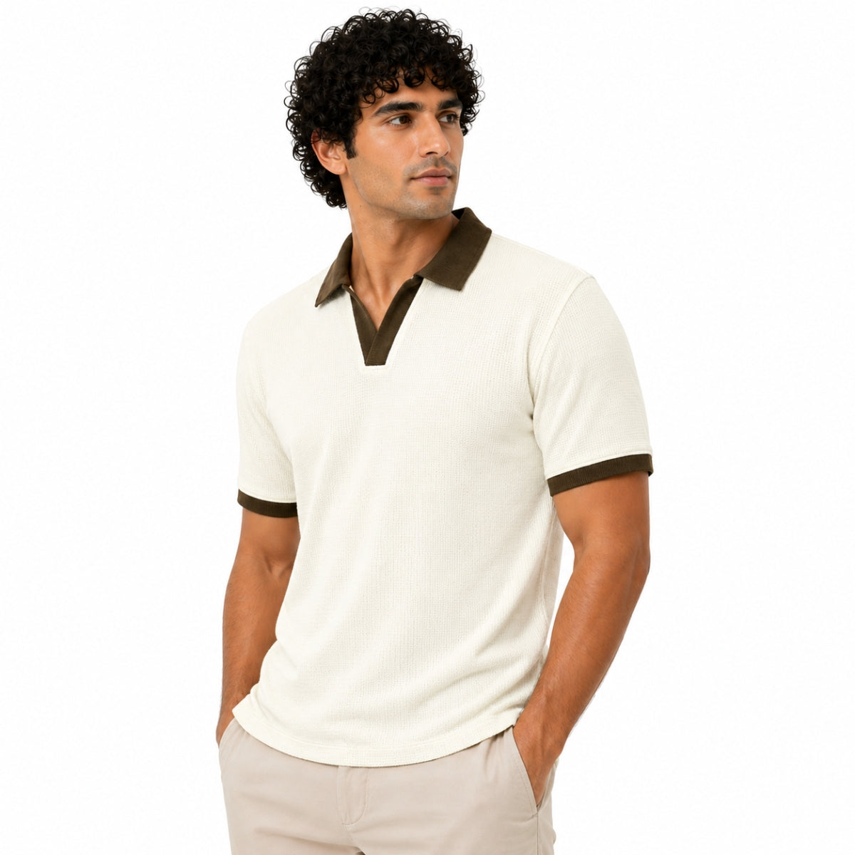 Men’s Classic Thermal Knit Contrast Collar Polo Shirt – Cream