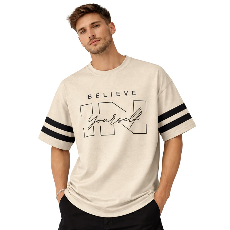 Unisex Oversized Graphic Printed Drop Shoulder T-Shirt - Beige