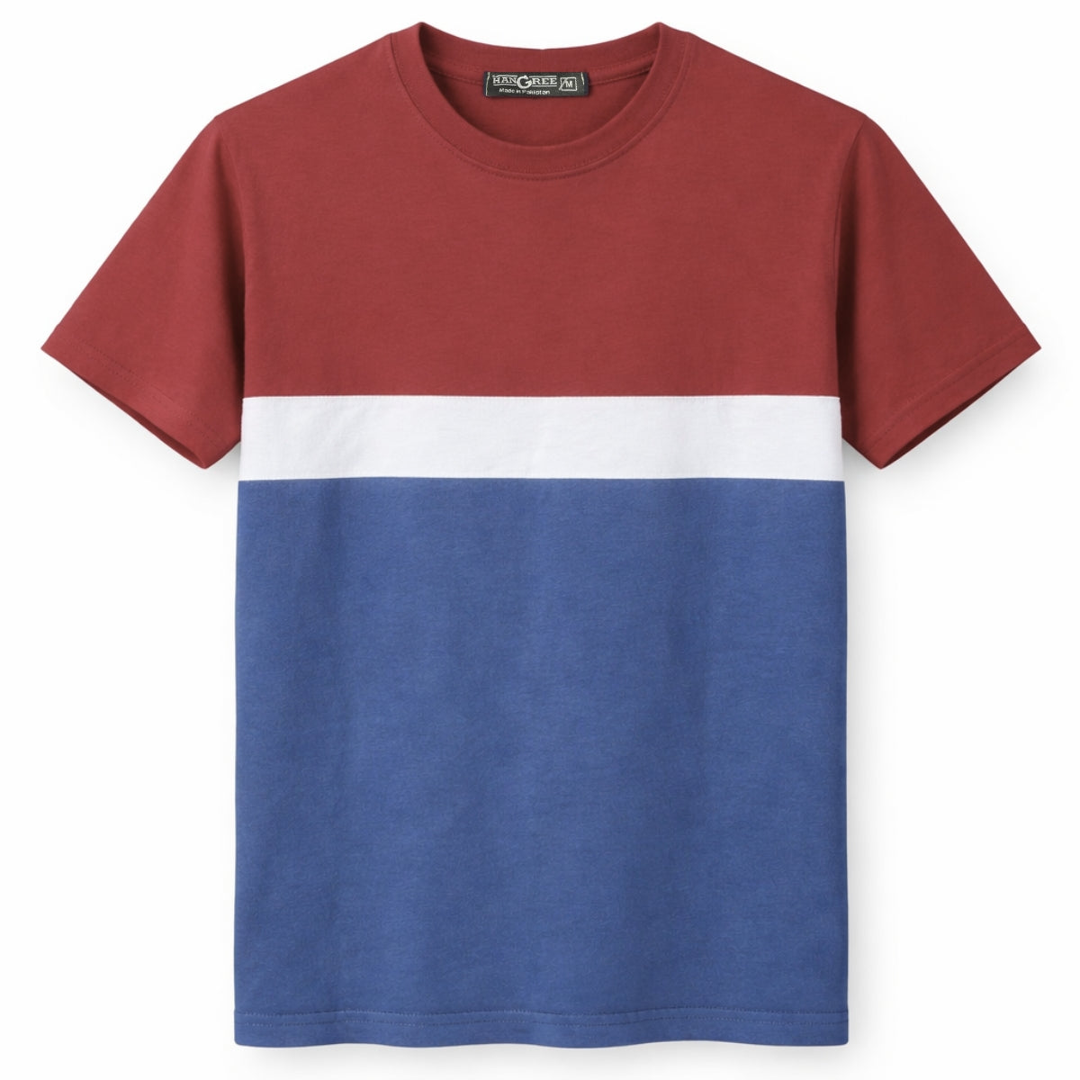 Men's Cut & Sew panel Tee Shirt - Red, White & Dusky Blue