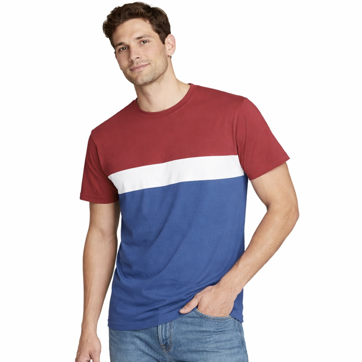 Men's Cut & Sew panel Tee Shirt - Red, White & Dusky Blue